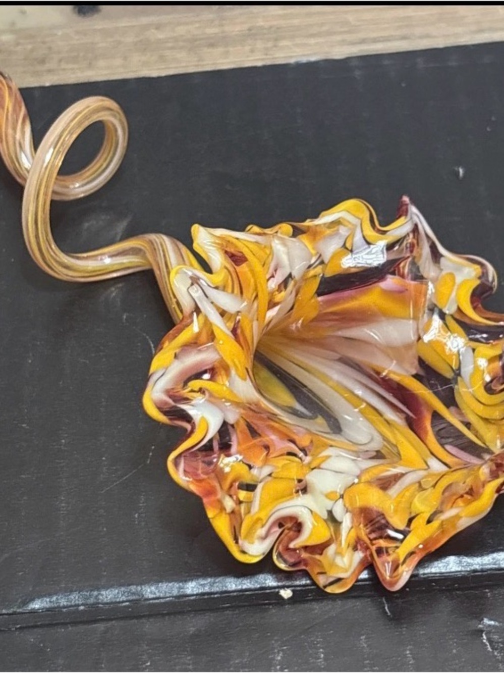 Orange Art Glass Flowers Mottled Muticolor 7” Long